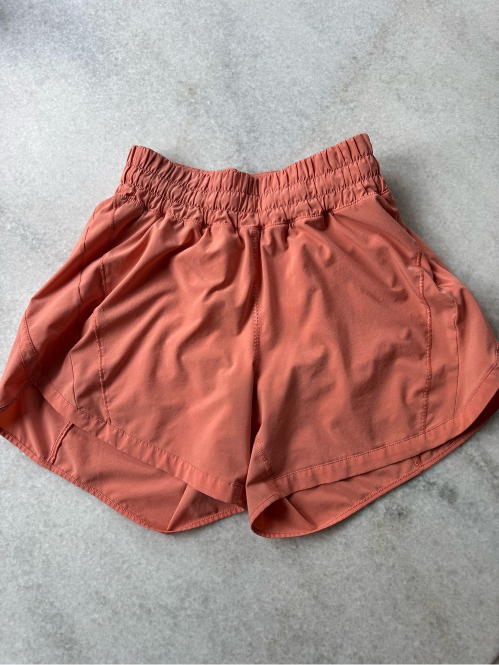 lululemon athletica Women's Track That High-Rise Lined Shorts 5" in Salmon Coral